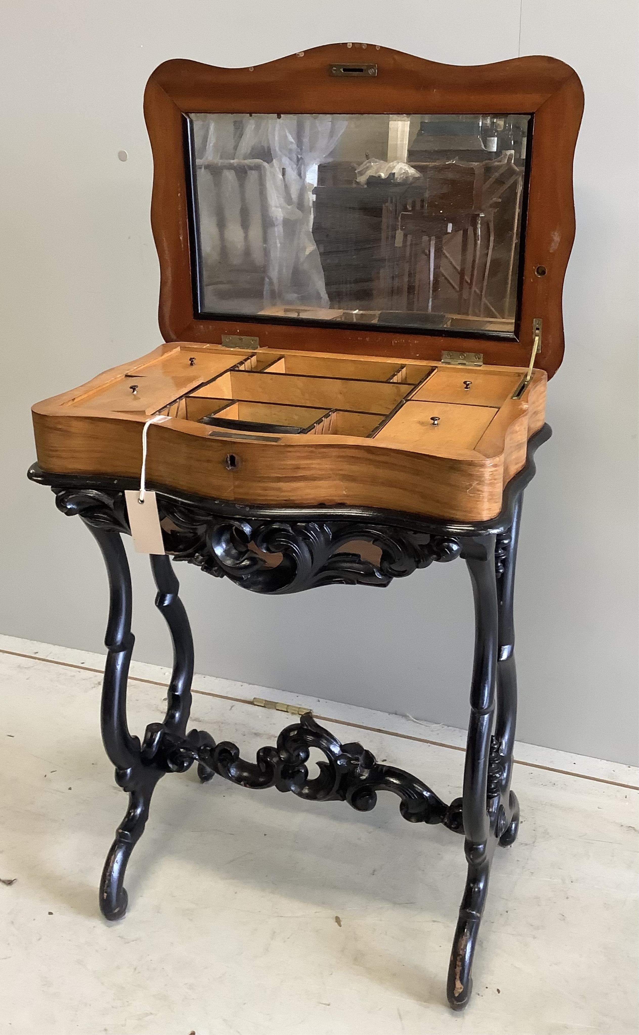 A 19th century French parquetry inlaid ebonsied walnut work table, width 53cm, depth 39cm, height 71cm together with a French walnut side chair. Condition - fair to good